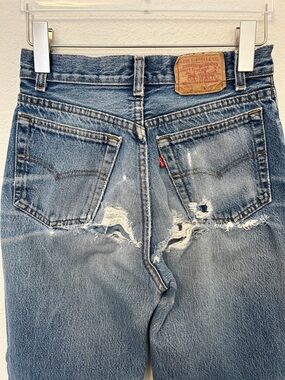 Vintage Levis 701 Student Jeans 80s Tag 28x34 Fits 25" Button Fly Rips Blue USA